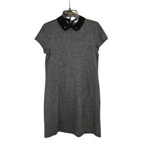 Loft Short-Sleeved Gray Dress Embellished Bumble Bee Black Peter Pan Collar SZ S